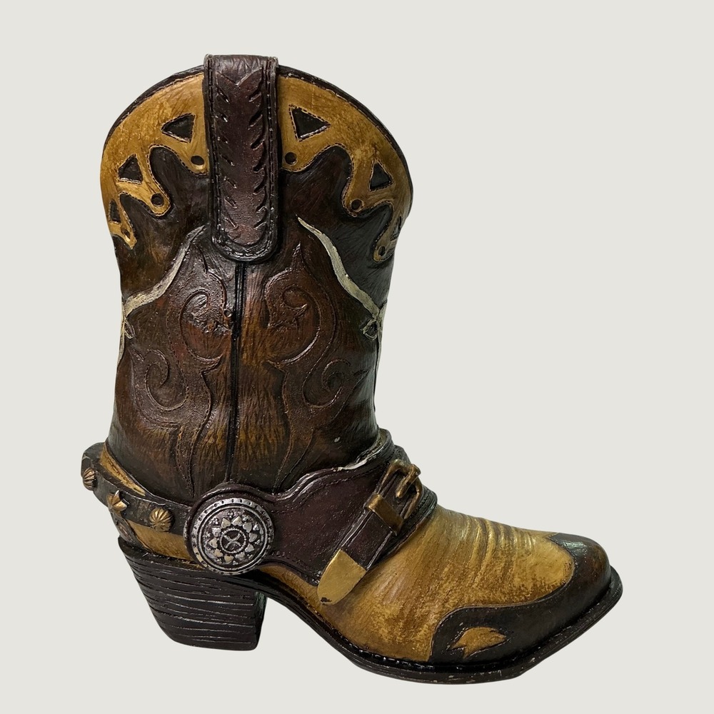 Western Cowboy Boot‎ Decorative Holder Bull Skull Resin Rustic Ranch Decor